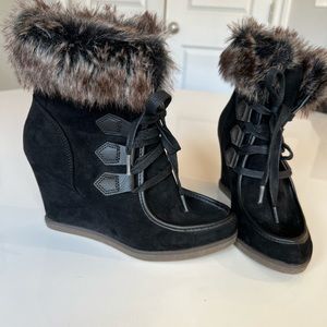 Black Faux Fur Heeled Lace Up Booties